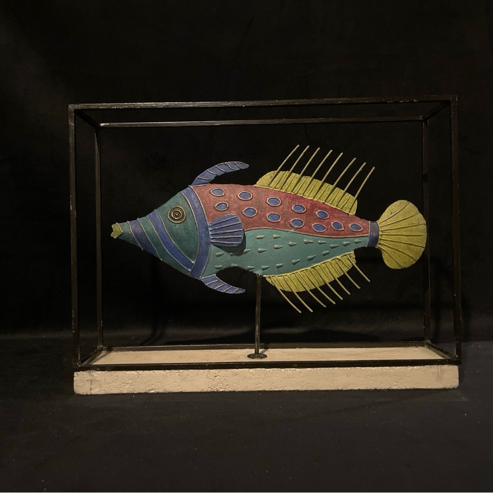 Vintage Metal Fish Sculpture Open Aquarium Tropical Colorful Art Ocean Decor